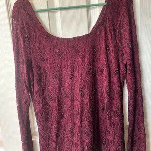 Burgandy Lace Long Sleeve Blouse-Cure Size Large NWNT